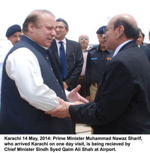 Karachi 14 May, 2014 Prime Minister Muhammad Nawaz Sharif, who arrived Karachi on one day visit, is being recieved by Chief Minister Sindh Syed Qaim Ali Shah at Airport,